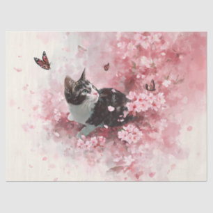 Papel De Seda Gato de flor de cerezo y mariposas (8)