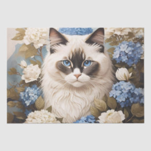 Papel De Seda Gato De Ragdoll Con Flores De Hidrangea Azul