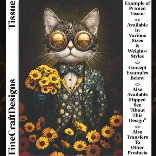 Papel De Seda Gato de Steampunk, flores amarillas CY9L Decoupage