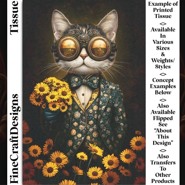 Papel De Seda Gato de Steampunk, flores amarillas CY9L Decoupage (Subido por el creador)