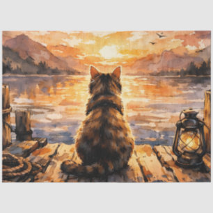 Papel De Seda Gato en el muelle al atardecer