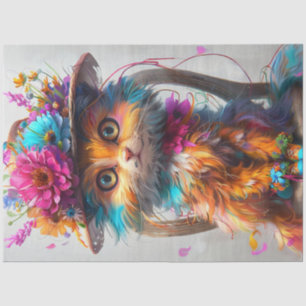 Papel De Seda Gato Fantasía Floral Caprichosa Decoupage