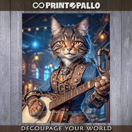 Papel De Seda Gato femenino de Steampunk tocando banjo -