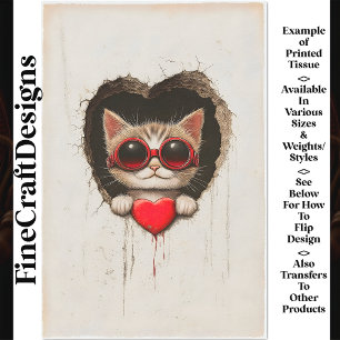 Papel De Seda Gato Gatito Con Gafas Rojas, Corazón Rojo AQ2 Deco
