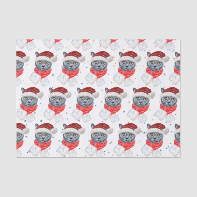 Papel De Seda Gato Gris Adorable Acuarela con Bufanda (Anverso)