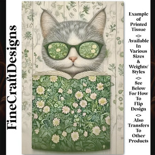 Papel De Seda Gato Gris Fresco Con Gafas Y Libro Floral BT3 Deco