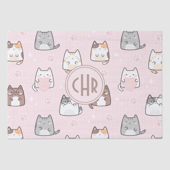Papel De Seda Gato Kawaii de fondo rosado (Anverso)
