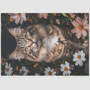 Papel De Seda Gato Maine Coon Rodeado de Flores Decoupage