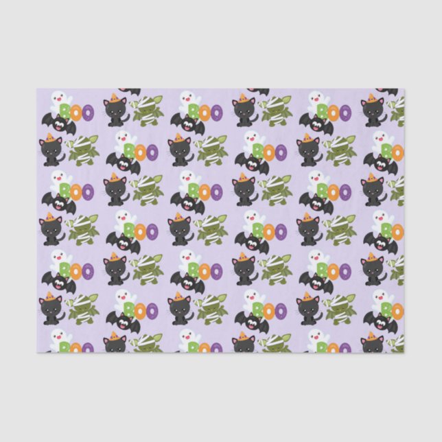 Papel De Seda Gato, murciélago, momia y fantasma de Halloween (Anverso)