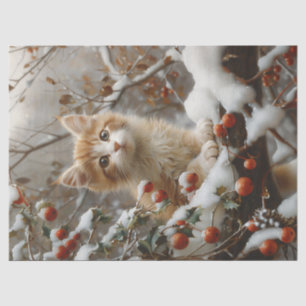 Papel De Seda Gato Naranja Bayas de Invierno Decoupage Vintage