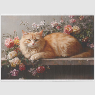 Papel De Seda Gato naranja con flores antiguas pintura decoupage