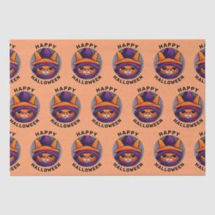 Papel De Seda Gato naranja con Gorra bruja morado Feliz Hallowee