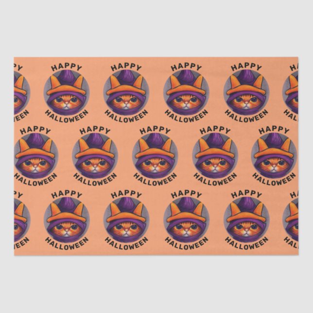 Papel De Seda Gato naranja con Gorra bruja morado Feliz Hallowee (Anverso)