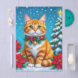 Papel De Seda Gato naranja lindo y Navidad de la flor de Pascua