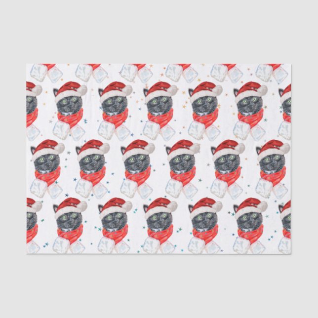 Papel De Seda Gato Negro Acuarela con Bufanda de Navidad (Anverso)