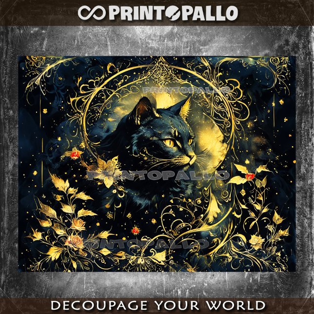 Papel De Seda Gato negro Art Nouveau con flores doradas (Subido por el creador)
