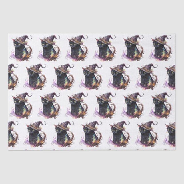 Papel De Seda Gato negro en la Gorra Halloween blanco de una bru (Anverso)