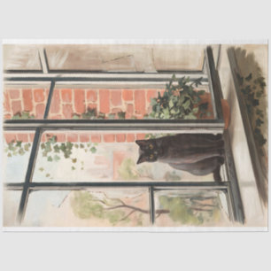 Papel De Seda Gato Negro en una Ventana Pintura Decoupage