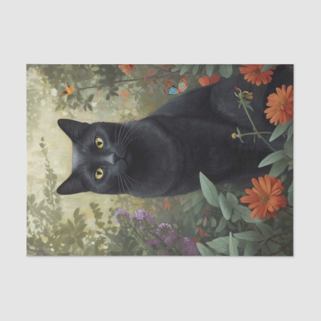 Papel De Seda Gato negro floral de bonito (Anverso)