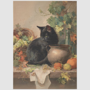 Papel De Seda Gato negro vintage entre frutas de otoño decoupage
