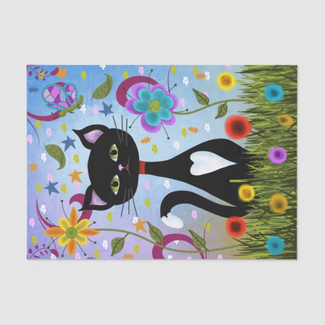 Papel De Seda Gato Negro Y Blanco De Tuxedo En Un Jardín (Anverso)