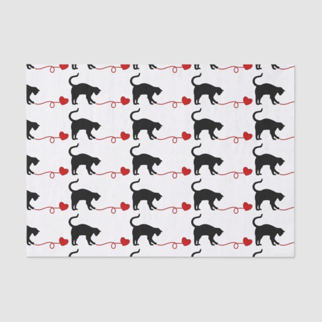 Papel De Seda Gato negro y hilado en forma de corazón (rojos) (Anverso)
