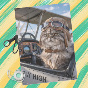Papel De Seda Gato piloto de cumpleaños avión volando divertido