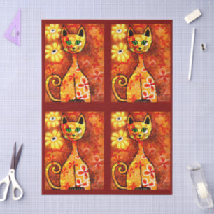 Papel De Seda Gato Retro Caprichoso Floral Naranja Decoupage