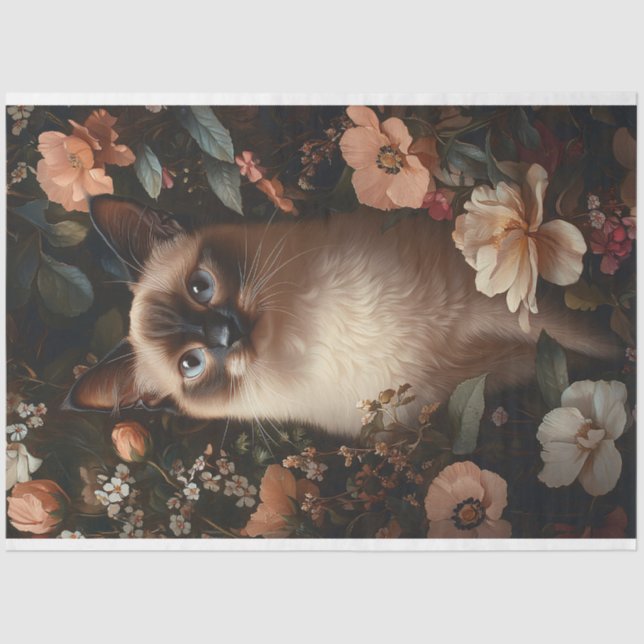 Papel De Seda Gato siamés con flores rosadas desfiguración (Anverso)