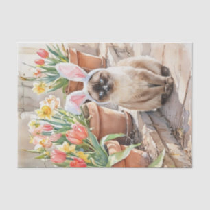 Papel De Seda Gato siamés conejito lindo Pascua con Tulipanes