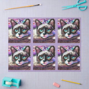 Papel De Seda Gato siamés Kitty Crocus Floral Púrpura Decoupage