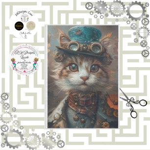 Papel De Seda Gato steampunk azul turquesa con decoupage de somb