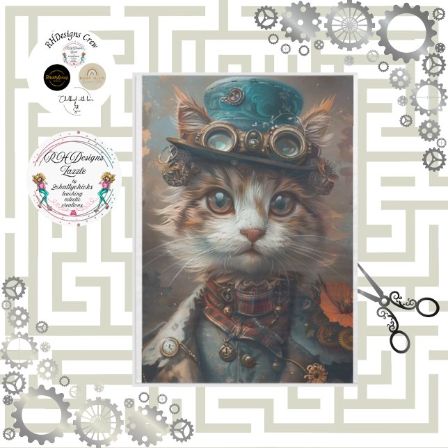 Papel De Seda Gato steampunk azul turquesa con decoupage de somb (Subido por el creador)
