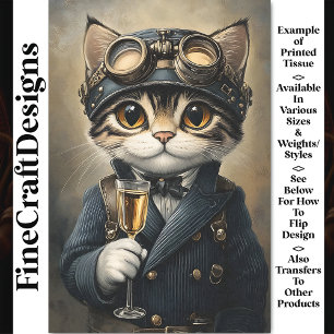 Papel De Seda Gato Steampunk con Decoupage de Champán AG8Z