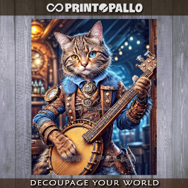 Papel De Seda Gato steampunk tocando banjo en pub azul -