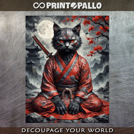 Papel De Seda Gato vampiro de Samurai con katana en meditación