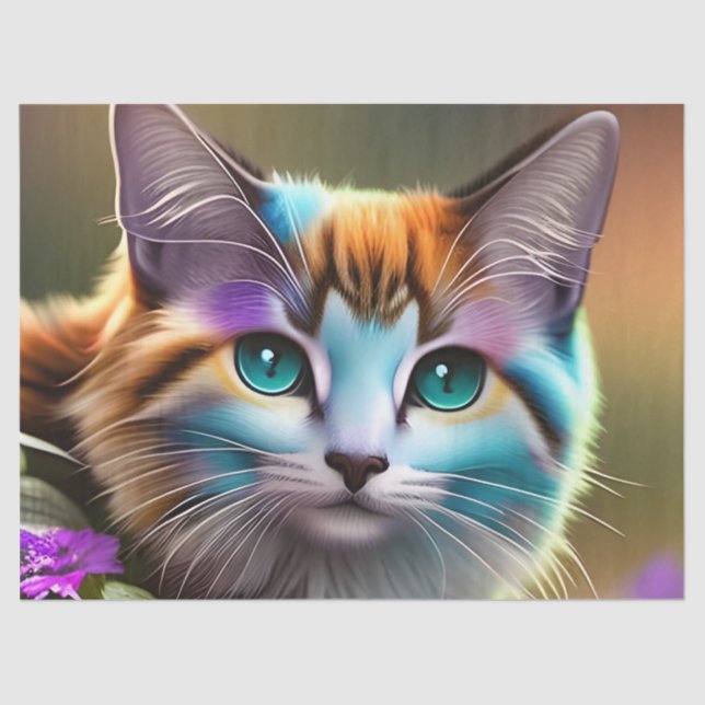 Papel De Seda gato y flores de calico azul y óxido (Anverso)