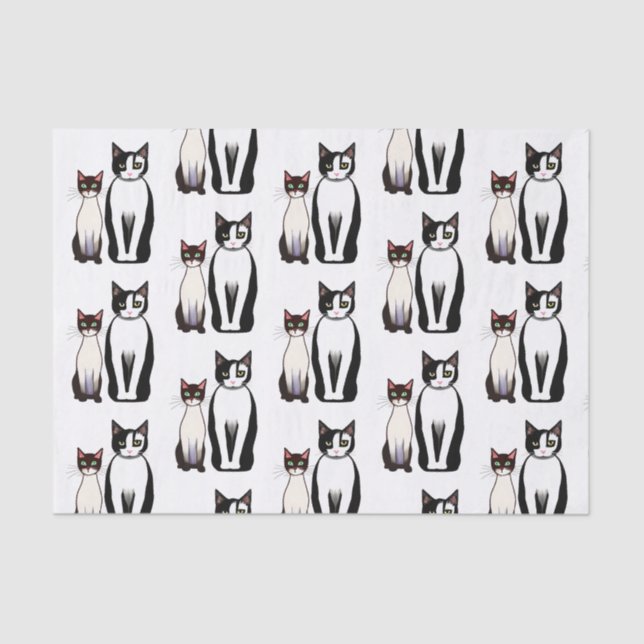 Papel De Seda Gato y gatito negro y blanco retro moderno (Anverso)