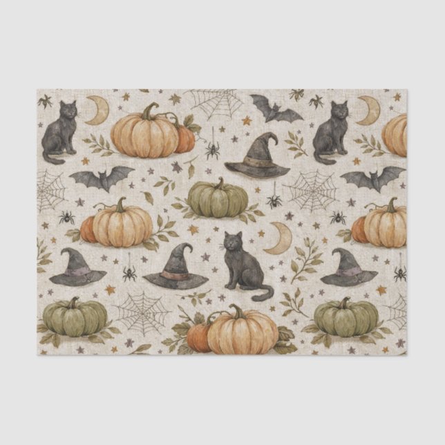 Papel De Seda Gatos Antiguos Calabazas Halloween (Anverso)