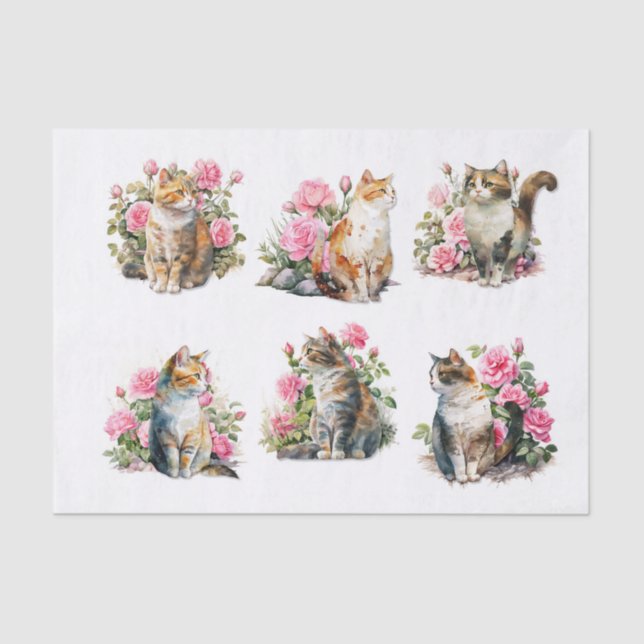 Papel De Seda Gatos bonitos en una cama de rosas rosadas (Anverso)