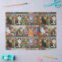 Gatos caprichosos lindos y flores de arte popular