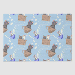 Papel De Seda Gatos en caja y gotas de leche en azul
