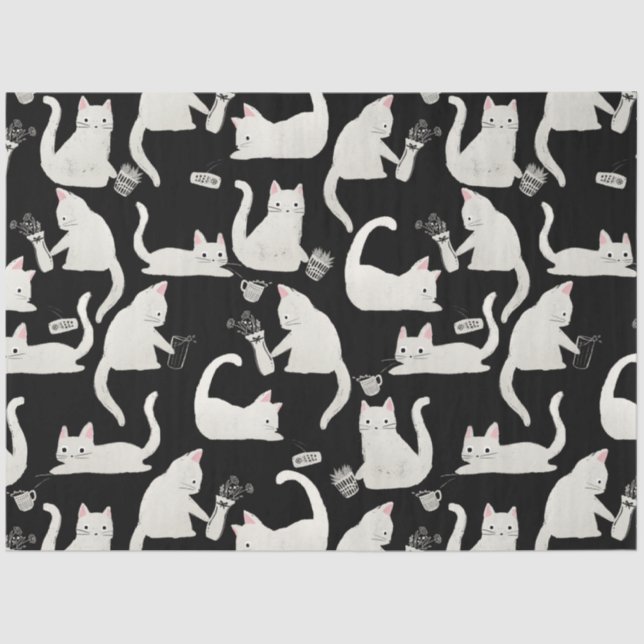 Papel De Seda Gatos malos tocando cosas, gatos blancos sobre neg (Anverso)