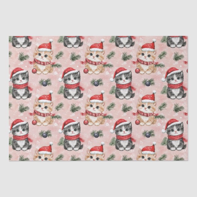 Papel De Seda Gatos Navideños Adorables en Rosa (Anverso)