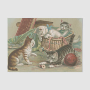 Papel De Seda Gatos victorianos antiguos jugando en una cesta de