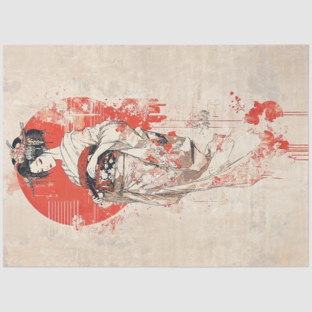 Papel De Seda Geisha elegante en el sol rojo - Arte japonés vint (Anverso)