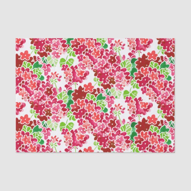 Papel De Seda Geranios rosados y estampado de flores rojo (Anverso)