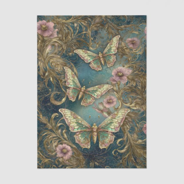 Papel De Seda Gilded Butterfly Elegance - Art Nouveau Floral (Anverso)