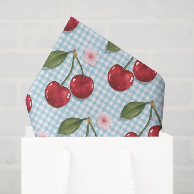 Papel De Seda Gingham Azul Rústico Y Cerezas (Bolsa de regalo)