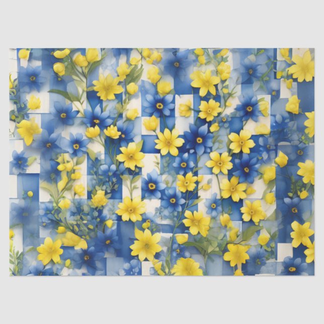 Papel De Seda Gingham Azul y Blanco con Flor Azul y Amarillo (Anverso)